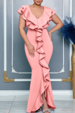Rose Red Elegant Solid Color Slit Flounce V Neck Evening Dresses