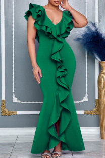 Green Elegant Solid Color Slit Flounce V Neck Evening Dresses