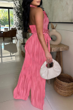 Rose Red Casual Solid Color Backless Strap Design V Neck Loose Jumpsuits