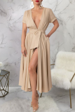 Black Elegant Solid Color Strap Design Deep V Neck Long Dresses