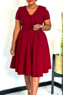 Burgundy Elegant Solid Color Buckle With Belt Peter Pan Collar A Line Dresses