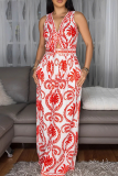 Red Casual Print Strap Design V Neck Loose Jumpsuits