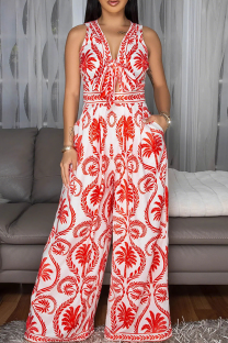 Red Casual Print Strap Design V Neck Loose Jumpsuits