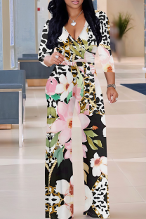 Black And White Casual Print V Neck Regular Jumpsuits