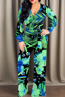 Turquoise Casual Print Strap Design V Neck Regular Jumpsuits