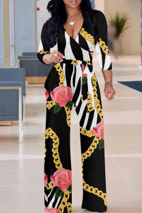 Black And White Casual Print V Neck Regular Jumpsuits