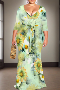 Light Green Casual Print Strap Design V Neck Long Plus Size Dresses