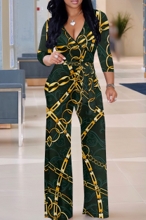 Ink Green Casual Print V Neck Regular Jumpsuits