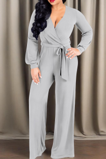 Light Gray Casual Solid Color Strap Design V Neck Loose Jumpsuits