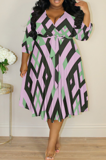 Black Pink Casual Print Strap Design V Neck Long Plus Size Dresses