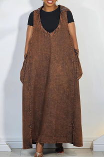 Brown Casual Solid Color Pocket Hooded Sleeveless Loose Denim Dresses