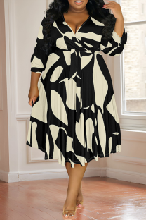 Black khaki Casual Print Strap Design V Neck Long Plus Size Dresses