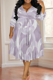 Light Purple Casual Print Strap Design V Neck Long Plus Size Dresses