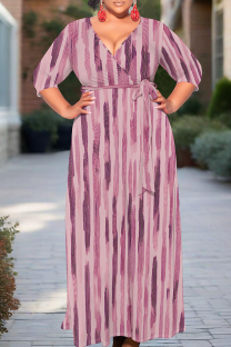 Pink Casual Print Strap Design V Neck Long Plus Size Dresses