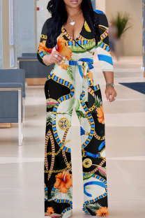 Blue Black Casual Print V Neck Regular Jumpsuits