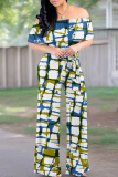 White Casual Print Patchwork Off Shoulder Regular Jumpsuits