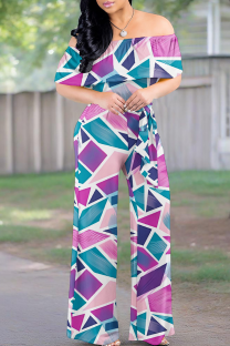 Pink Purple Casual Print Patchwork Off Shoulder Regular Jumpsuits