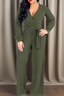 Green Casual Solid Color Strap Design V Neck Loose Jumpsuits
