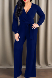 Royal Blue Casual Solid Color Strap Design V Neck Loose Jumpsuits