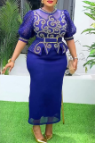 Deep Blue Elegant Solid Color With Belt Hot Drill O Neck Wrapped Skirt Plus Size Dresses