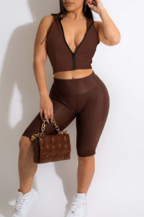 Coffee Casual Solid Color Zipper Hooded Sleeveless Two Pieces