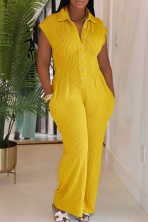 Yellow Casual Solid Color Buckle Turndown Collar Regular Jumpsuits
