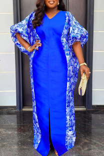 Blue Daily Print Slit V Neck Long Dresses