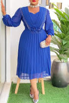 Blue Elegant Solid Color Pleated Flower Shape Asymmetrical Collar A Line Plus Size Dresses
