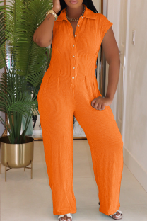 Orange Casual Solid Color Buckle Turndown Collar Regular Jumpsuits