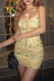 Yellow Sexy Print Backless Strap Design Halter Sleeveless Two Pieces