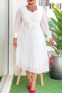 White Elegant Solid Color Pleated Flower Shape Asymmetrical Collar A Line Plus Size Dresses