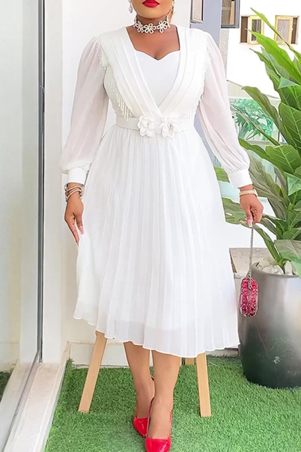 White Elegant Solid Color Pleated Flower Shape Asymmetrical Collar A Line Plus Size Dresses