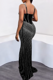 Black Sexy Solid Color Backless Hot Drill Spaghetti Strap Long Dresses