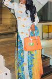Colour Casual Print Patchwork O Neck A Line Dresses