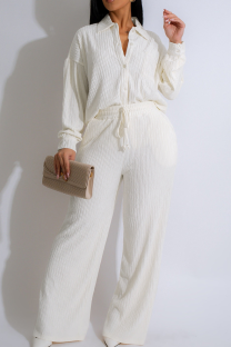 White Casual Solid Color Draw String Buckle Turndown Collar Long Sleeve Two Pieces
