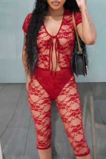 Red Sexy Solid Color Lace Strap Design V Neck Short Sleeve Two Pieces