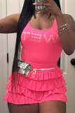 Rose Red Sexy Letters Hot Drill U Neck Sleeveless Two Pieces