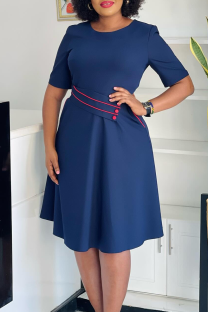 Deep Blue Elegant Solid Color Pocket O Neck Long Dresses