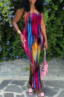Rose Red Sexy Print Strapless Long Dresses