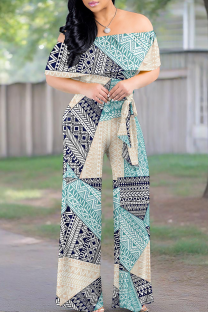 Blue Casual Print Strap Design Off Shoulder Loose Jumpsuits
