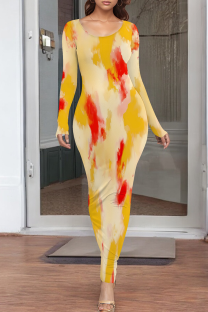 Yellow Casual Print O Neck Long Dresses