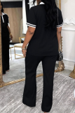 Black Casual Solid Color Buckle Contrast Turndown Collar Short Sleeve Two Pieces
