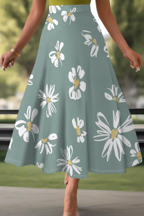 Turquoise Casual Print Loose Mid Waist Speaker Full Print Bottoms