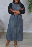 Blue Casual Solid Color Pocket O Neck Sleeveless Loose Denim Dresses