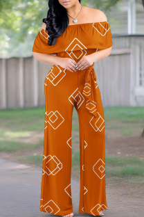 Orange Casual Print Strap Design Off Shoulder Loose Jumpsuits