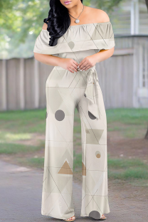 Gray White Casual Print Strap Design Off Shoulder Loose Jumpsuits