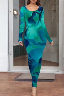 Turquoise Casual Print O Neck Long Dresses