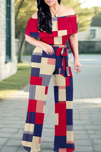Red Casual Print Strap Design Off Shoulder Loose Jumpsuits