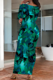 Rose Red Casual Print O Neck Long Dresses