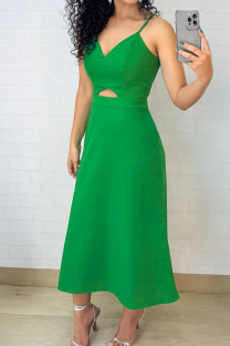 Green Sexy Solid Color Hollow Out Spaghetti Strap Long Dresses